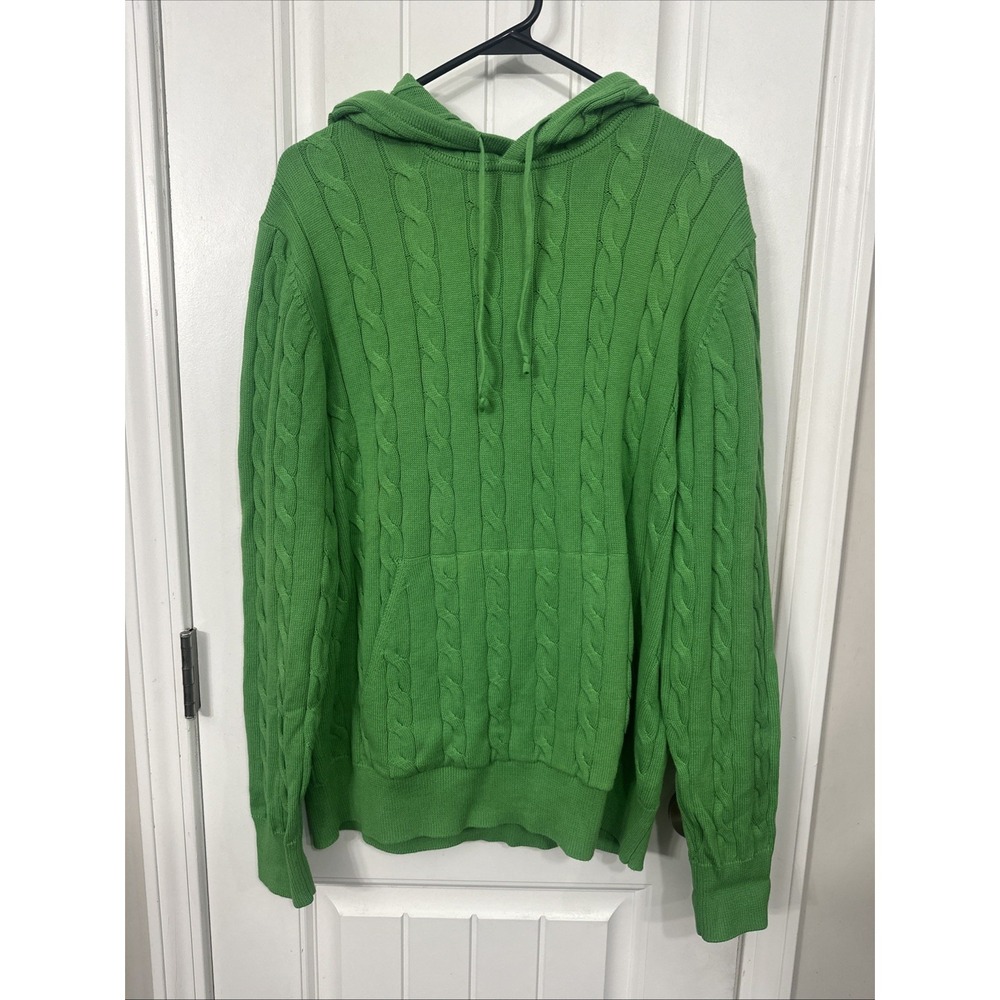Brooks Brother's Cable Knit Hoodie Pullover Size Large Green Cotton Long Sleeve